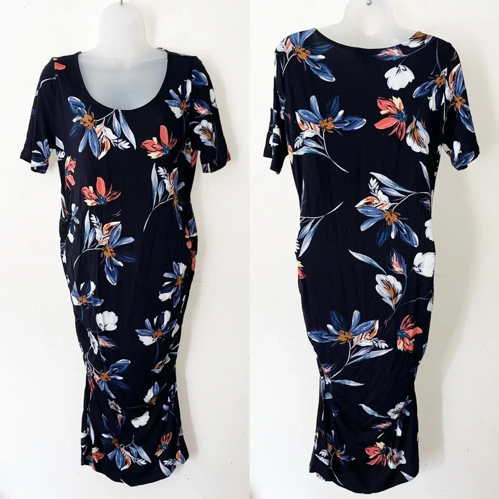 NWT Yumi Kim Blossom Sky Maternity Dress Size L Floral Bodycon Stretch Shirred